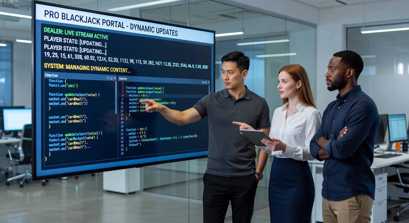 Darstellung eines Entwicklerteams, das in Echtzeit Code für ein Blackjack-Portal aktualisiert, mit Bildschirmen voller Algorithmen und Live-Datenströmen